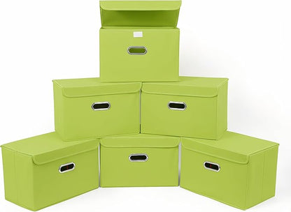 STOREONE Fabric Storage Cube Bins Foldable Organizer Container Collapsible Basket with Lids and Metal Handles, for Home, Bedroom, Closet 6 Pcs (multicolour-green)