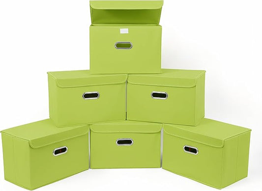 STOREONE Fabric Storage Cube Bins Foldable Organizer Container Collapsible Basket with Lids and Metal Handles, for Home, Bedroom, Closet 6 Pcs (multicolour-green)