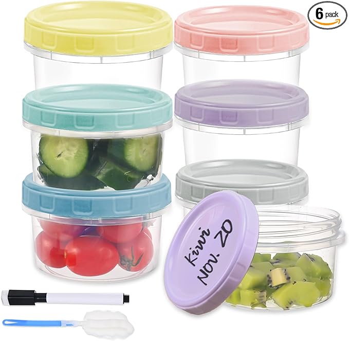 Yomarket 6pcs 8 oz Plastic Containers with Screw Lids, Reusable Clear Food Storage Containers with Pen and Brush for Snack Salad Fruit, Leakproof Small Freezer Containers, Microwave & Dishwasher Safe