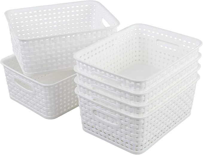 Plastic White Storage Baskets, 6 Pack Small Organizer Baskets Box