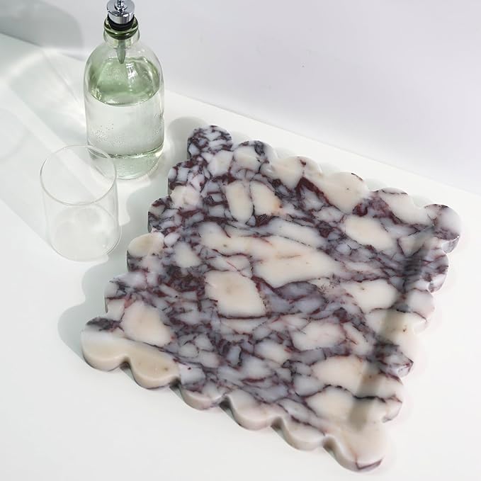 Natural 100% Marble Vanity Tray Luxury Scalloped Marble Storage Square Rectangle Tray for Home Decor Stone Tray for Bathroom Kitchen Candle Key (Square-9.8 * 9.8-Calacatta Viola)