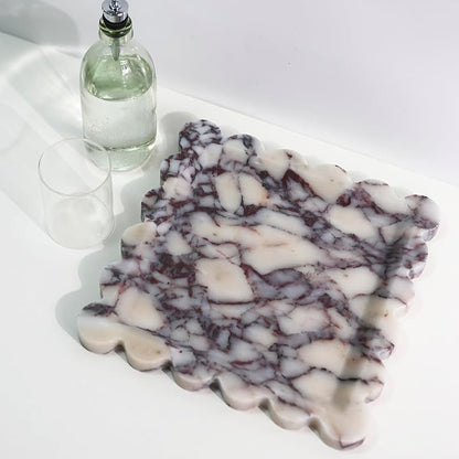 Natural 100% Marble Vanity Tray Luxury Scalloped Marble Storage Square Rectangle Tray for Home Decor Stone Tray for Bathroom Kitchen Candle Key (Square-9.8 * 9.8-Calacatta Viola)