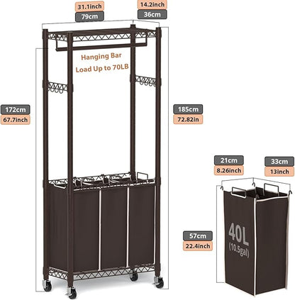 Hodonas 3-Section Laundry Sorter With Hanging Bar, Rolling Hamper Cart, Basket Organizer, Hanging Rack, Lockable Wheels and Removable Bags for Clothes Storage, Espresso
