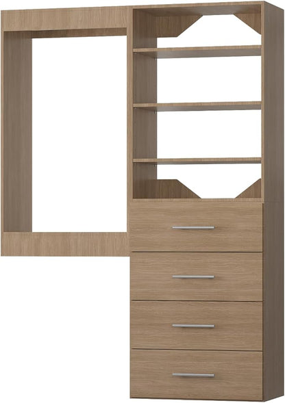Modular Closet System, 58" Wide Closet Organizer System with Tower and Drawers, Wood Tower Closet Storage for Walk In Closets, Wall Mounted Wardrobe Organizer Kit System, Bedroom, Wood