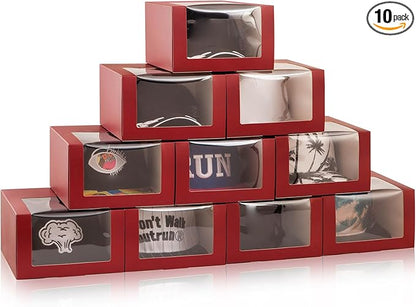 LADYBRO Red Gift Boxes with Window Display for Hat Storage Containter for Baseball Caps (Fitted, Snapbacks, Trucker), 7.8" x 7.8" x 4.8", 10 Pack