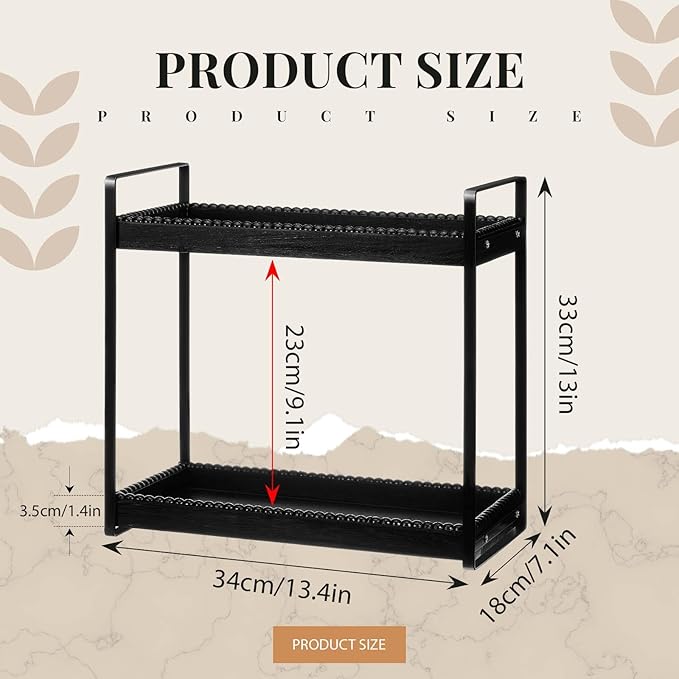 DoubleFill Bathroom Countertop Organizer, 2 Tier Wood Bead Vanity Organizer Tray for Bathroom Cosmetic Skincare Perfume Kitchen Coffee Station Organization(Black,Classic)