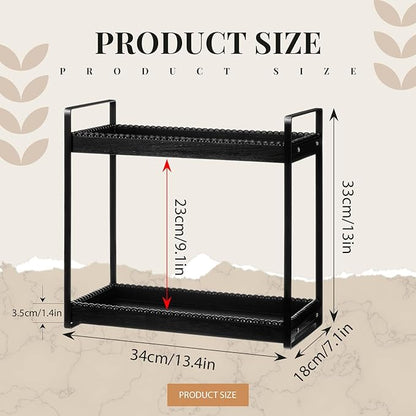 DoubleFill Bathroom Countertop Organizer, 2 Tier Wood Bead Vanity Organizer Tray for Bathroom Cosmetic Skincare Perfume Kitchen Coffee Station Organization(Black,Classic)