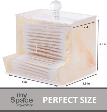 My Space Organizers Yellow Marble Acrylic Qtip Holder for Qtip Brand Cotton Swab Holder, Qtip Dispenser, Modern Bathroom Decor Organizer for Countertop Vanity Storage (Yellow Marble)