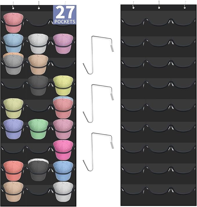 Hat Rack for Baseball Caps, 27 Pockets Over The Door Baseball Hat Organizer, Fitted Hat Storage for Closet Wall Mount Bag With Large Pockets & 3 Hooks, Hat Holder Hanger Organization to Display Caps
