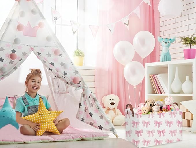 Sanjiaofeng Rectangular Kids Basket Pink Storage Bins,Girls Storage Baskets with Handles.Clothers,Toys,Books,Kid's Gifts Storage. (Pink Bowknot)