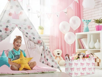 Sanjiaofeng Rectangular Kids Basket Pink Storage Bins,Girls Storage Baskets with Handles.Clothers,Toys,Books,Kid's Gifts Storage. (Pink Bowknot)