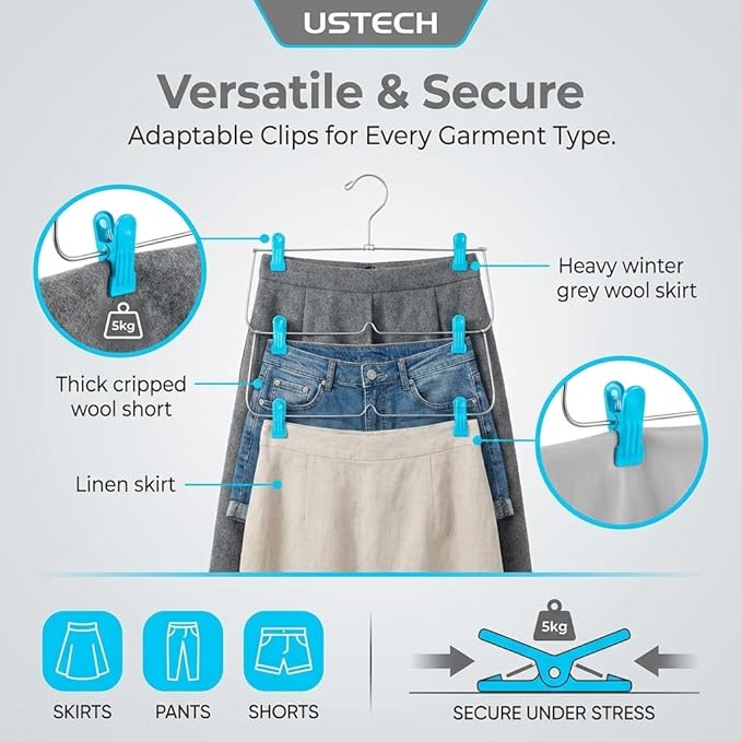 USTECH 6 Tier Skirt Hangers with Clips | Space Saver Closet Organizer | Rust-Free Stainless Steel Pant Hangers for Pants, Shorts, Skirts | Multi Hangars Space Saving | 5 Pack
