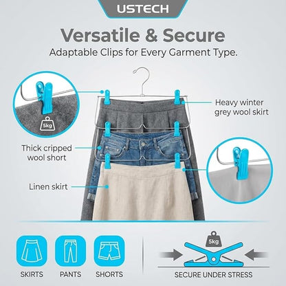 USTECH 6 Tier Skirt Hangers with Clips | Space Saver Closet Organizer | Rust-Free Stainless Steel Pant Hangers for Pants, Shorts, Skirts | Multi Hangars Space Saving | 5 Pack