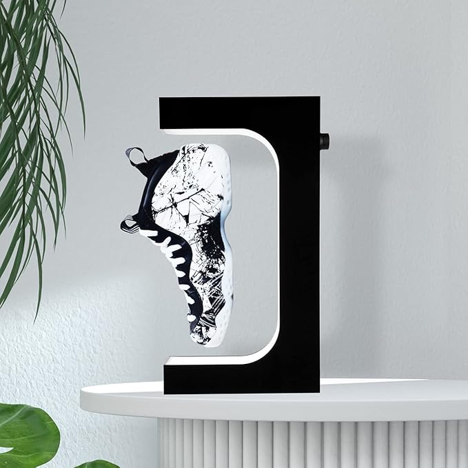 UVEHAS Floating Shoe Display Magnetic Levitation Sneaker Stand with LED Light Rotating Levitating Holder Rack for Shoes Collectors Advertising Exhibition Store Show Home Decoration, Black