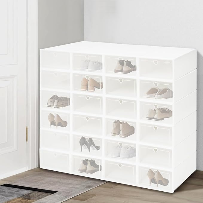 24Pcs Shoe Storage Box, Portable Clear Plastic Stackable Shoe Boxes for Shoes, Stackable Shoe Organizer for Sneakers, High Heels, Canvas Shoes, Boots (White & Clear)