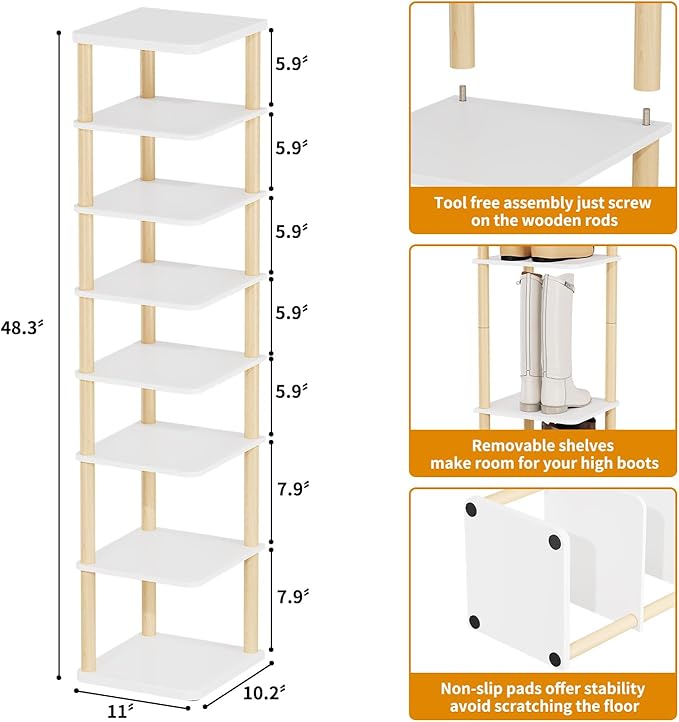 LUCKNOCK Vertical Shoe Rack, 8-Tier Tall Narrow Shoe Organizer for Entryway, Closet, Dorm & Small Spaces, Freestanding Wooden Shoe Shelf Tower for Boots, Sneakers, Heels. (White)