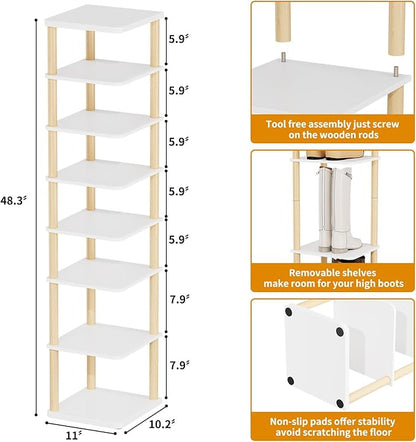 LUCKNOCK Vertical Shoe Rack, 8-Tier Tall Narrow Shoe Organizer for Entryway, Closet, Dorm & Small Spaces, Freestanding Wooden Shoe Shelf Tower for Boots, Sneakers, Heels. (White)