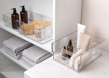 Isaac Jacobs 2-Pack Clear Expandable Storage Bins - Medium, 11"-19" L x 8.5" W x 4.8" H, Plastic Organizer with Cut-Out Handles, Adjustable Length from 11-19" for Home, Kitchen & Office