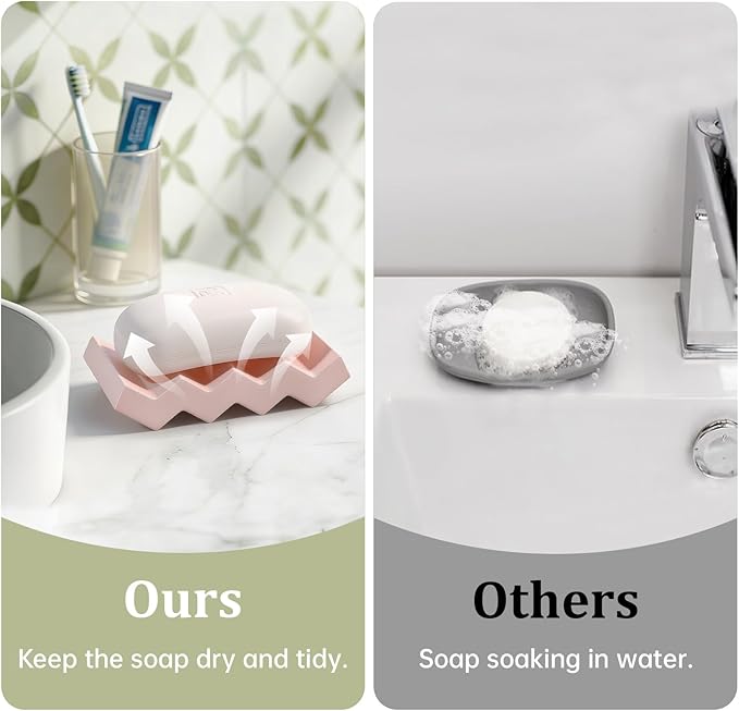 Self Draining Bar Soap Holder Diatomite Soap Dish Fast Drying Soap Saver Small Sponge Caddy for Shower, Bathroom, Kitchen Sink, Kitchen, Pink