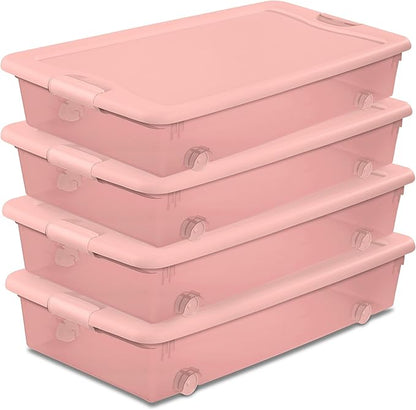 Sterilite 4-Pack 56 Quart Wheeled Latching Box, Underbed Plastic Storage Organizer, Pearl Blush Tint - Under Bed Rolling Container Bin with Lid and Wheels for Home or Dorm Bedrooms and Closets