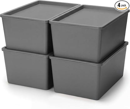 Menkxi 4 Pcs Storage Bins with Lids Plastic Stackable Containers for Organizing Shelves Christmas Ornament Box Baskets(Gray,Large)