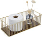 MyGift Modern Brass-Tone Metal Wire Toilet Paper Holder Basket with Rustic Burnt Solid Wood Base, Toilet Tank Topper Organizer Tray Bathroom Sink Counter Toiletries Storage