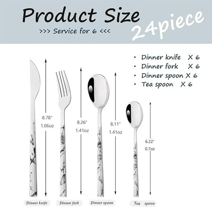 24piece Silverware Set with Hanging Holder, Stainless Steel Tableware Set With Cutlery Storage Rack, Decent Gift Box For Housewarming, Party, Dining - White Silver, set of 6