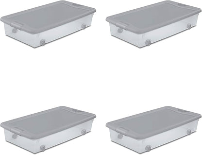 Sterilite 12 Pack Wheeled Under Bed Storage Container, 56 Qt Plastic Bin with Latching Lid for Organization - Clothes & Shoes Organizer, Silver Tint