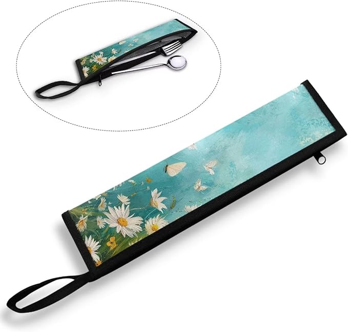 COEQINE Large Utensil Holder Case Fit 11.8X 2.7 Inch Fork Spoon Knife Organizer Countertop Leafproof Machine Washable Lightweight Portable Travel Accessories With Aqua Blue Daisy Flower Butterfly