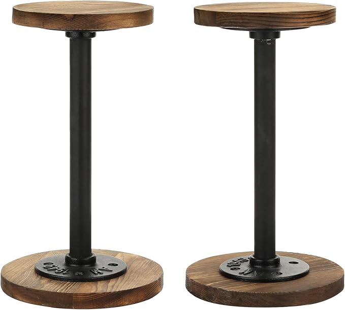 MyGift 2 Pcs Cowboy Hat Holder Rack, Hat Organizer Stand for Baseball Caps, Helmet, Tabletop Wig or Jewelry Display Riser, Rustic Burnt Wood with Industrial Metal Pipe
