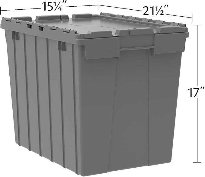 Akro-Mils 39170 Industrial Plastic Storage Tote with Hinged Attached Lid, (21-Inch L by 15-Inch W by 17-Inch H), Gray, (3-Pack)