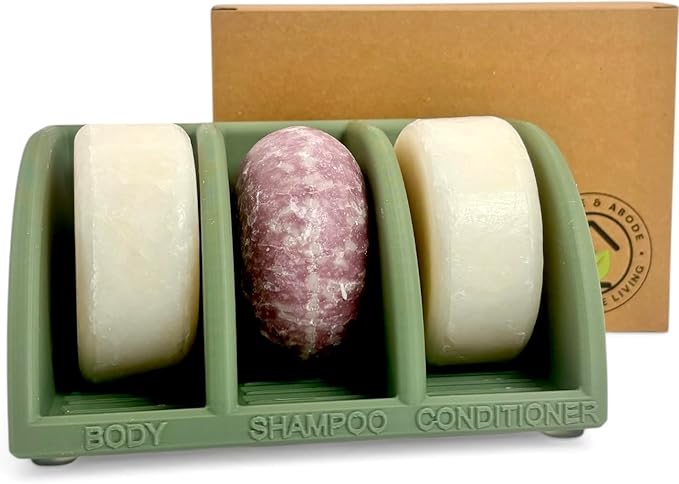 Shampoo Bar Holder for Shower, 3-Slot Soap & Conditioner Organizer with Drainage - Keeps Bars Dry & Lasts Longer - Modern Bathroom Organizer by Essence & Abode (Olive Green)