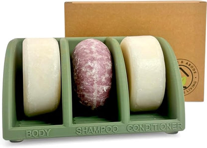 Shampoo Bar Holder for Shower, 3-Slot Soap & Conditioner Organizer with Drainage - Keeps Bars Dry & Lasts Longer - Modern Bathroom Organizer by Essence & Abode (Olive Green)