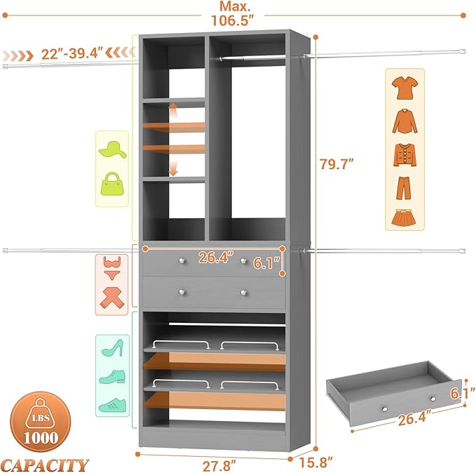 Besiost Closet System, 4.2–8.8 FT Closet Organizer with 2 Wooden Drawers and Shelves, Walk-in Closet System with 5 Hang Rods, Built-in Closet Tower, Can Fit 60 to 96 inch, Morandi Grey
