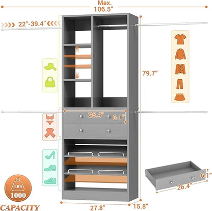 Besiost Closet System, 4.2–8.8 FT Closet Organizer with 2 Wooden Drawers and Shelves, Walk-in Closet System with 5 Hang Rods, Built-in Closet Tower, Can Fit 60 to 96 inch, Morandi Grey