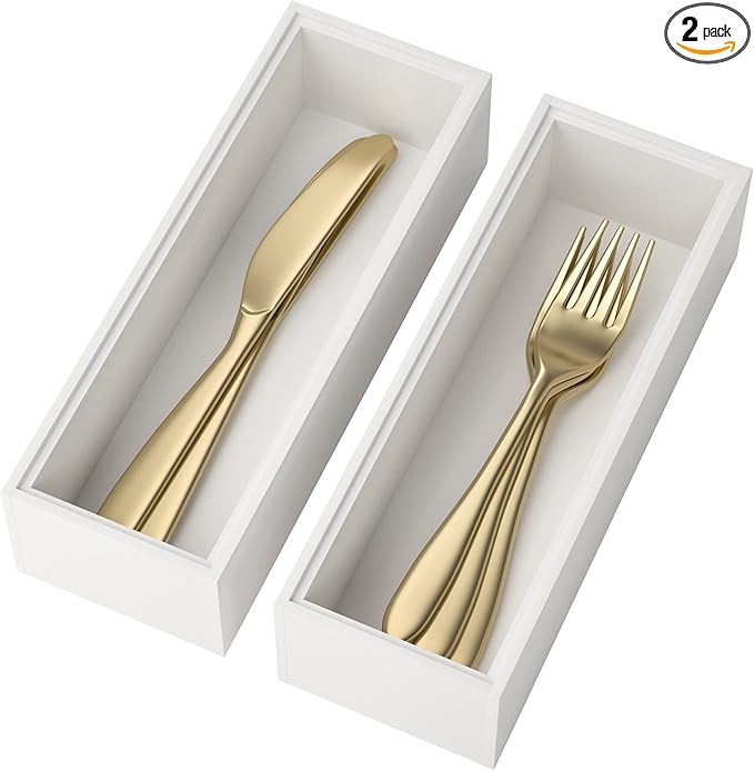 Lixple Utensil Organizer Silverware Drawer Organizer - Set of 2, Stackable Kitchen Organization, Bamboo Storage Box Tray for Kitchen Gadgets Bathroom Countertop (White)