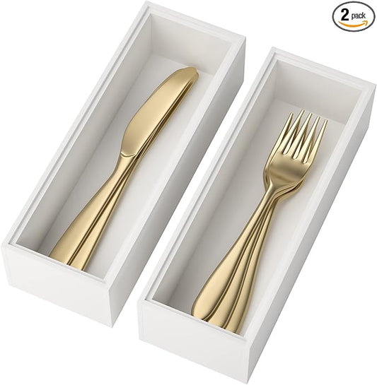 Lixple Utensil Organizer Silverware Drawer Organizer - Set of 2, Stackable Kitchen Organization, Bamboo Storage Box Tray for Kitchen Gadgets Bathroom Countertop (White)