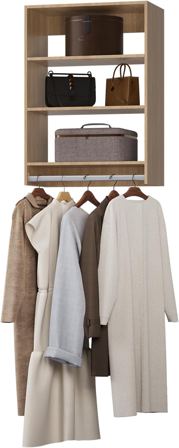 Medium Double Hanging Closet Unit, Modular System Organizer With Storage for Walk In Closets, Clothing Rack for Hanging Clothes, Bedroom, Wood, 25.5"W