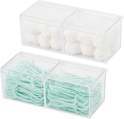 2 Pack Bathroom Container with Divider, Plastic Vanity Storage Canister Jars with Lid for Cotton Balls, Makeup Pads, Cosmetics Sponges, Floss Picks, Clear Desk Drawer Organizer Box