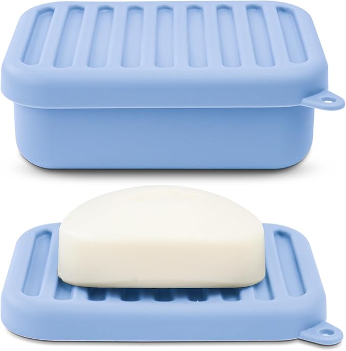 Superior Leak-Proof Silicone Travel Soap Case with Drainage Lid/Layer, Compact Bar Soap Container, Durable Soap Holder for Camping, Gym, and Travel Size Toiletries (Light-Blue)