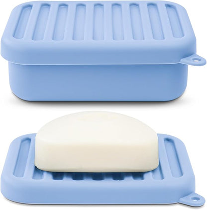 Superior Leak-Proof Silicone Travel Soap Case with Drainage Lid/Layer, Compact Bar Soap Container, Durable Soap Holder for Camping, Gym, and Travel Size Toiletries (Light-Blue)