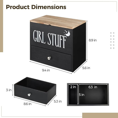 Wood Tampon Holder for Bathroom - Feminine Product Organizer with 3-Tier Compartments, Pad and Tampon Organizer with Drawer, Flip-Top Lid for Easy Access, 9.4 x 5.6 x 8.9 in