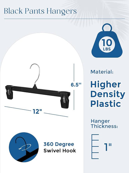 Smartor Space Saving Heavy Duty Hangers - 300 Pack, Slim Plastic Pants and Shorts Hangers, Ridged Non-Slip with Pinch Clips, 360-Rotating Chrome Swivel Hook, Black, 12 Inch