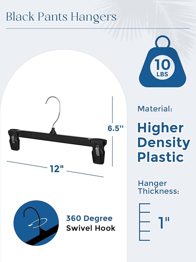 Smartor Space Saving Skirt Hangers - 90 Pack, Slim Plastic Pants and Shorts Hangers, Ridged Non-Slip with Pinch Clips, Black Clip Hangers for Women, 360-Rotating Chrome Swivel Hook, 12 Inches
