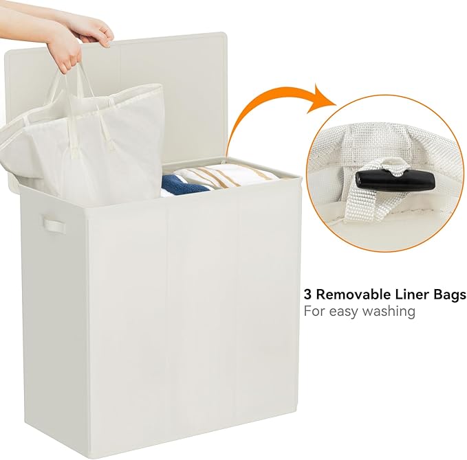 WOWLIVE 180L Laundry Hamper with Lid 3 Section,Large Laundry Basket with Removable Bags and Handles,Collapsible Dirty Clothes Hampers for Laundry,Laundry Basket Organizer for Laundry Room,Dorm,Beige