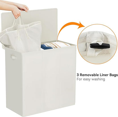 WOWLIVE 180L Laundry Hamper with Lid 3 Section,Large Laundry Basket with Removable Bags and Handles,Collapsible Dirty Clothes Hampers for Laundry,Laundry Basket Organizer for Laundry Room,Dorm,Beige