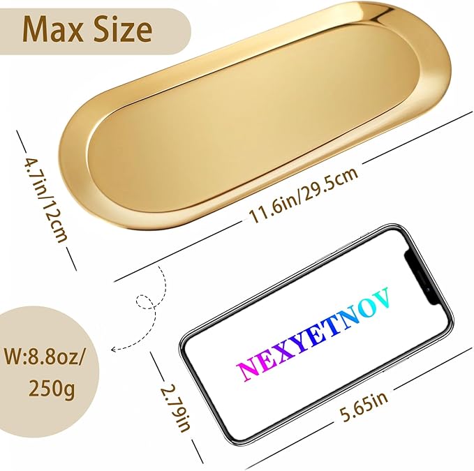 Gold Tray, Vanity Trays for Bathroom and Dresser Counter, 12" 2 Pack