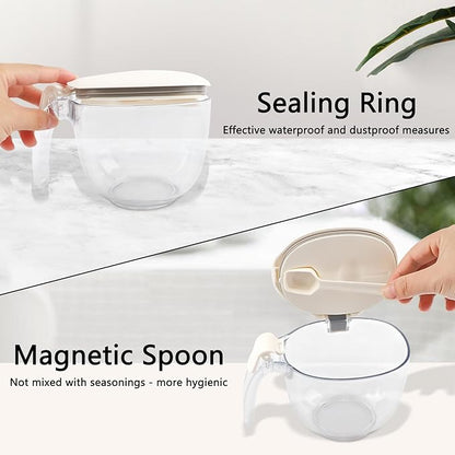 Salt and Pepper Spice Cellar, Clear Storage Container for Coffee, Sugar, Spices and Candies, With Sealing Press Cover and Built-inMagnetic Attraction Spoon,15 oz (White)