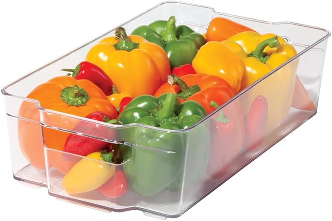 OGGI Stackable Storage Bin With Handle - Large (14.75" x 8.5" x 3.75") - Ideal for Kitchen Organization, Pantry Storage, Fridge Organizing, Clear