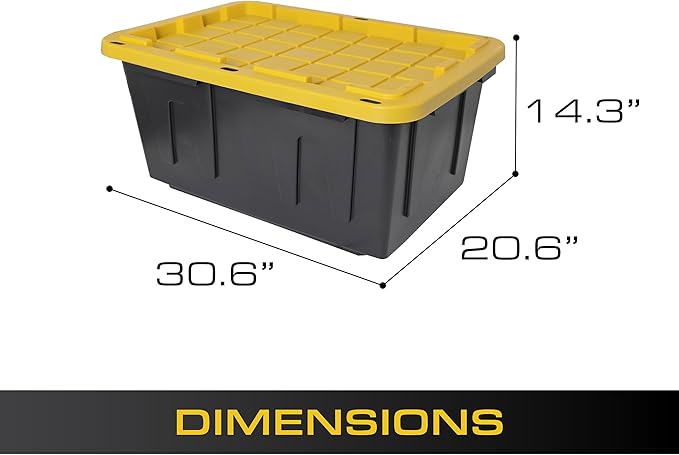 CX Black & Yellow 27-Gallon Heavy Duty Storage Bins with Lids, Stackable Plastic Storage Bins with Weather-Resistant Design, Home Organization, 4 Pack (14.3"H x 20.6"W x 30.6"D)